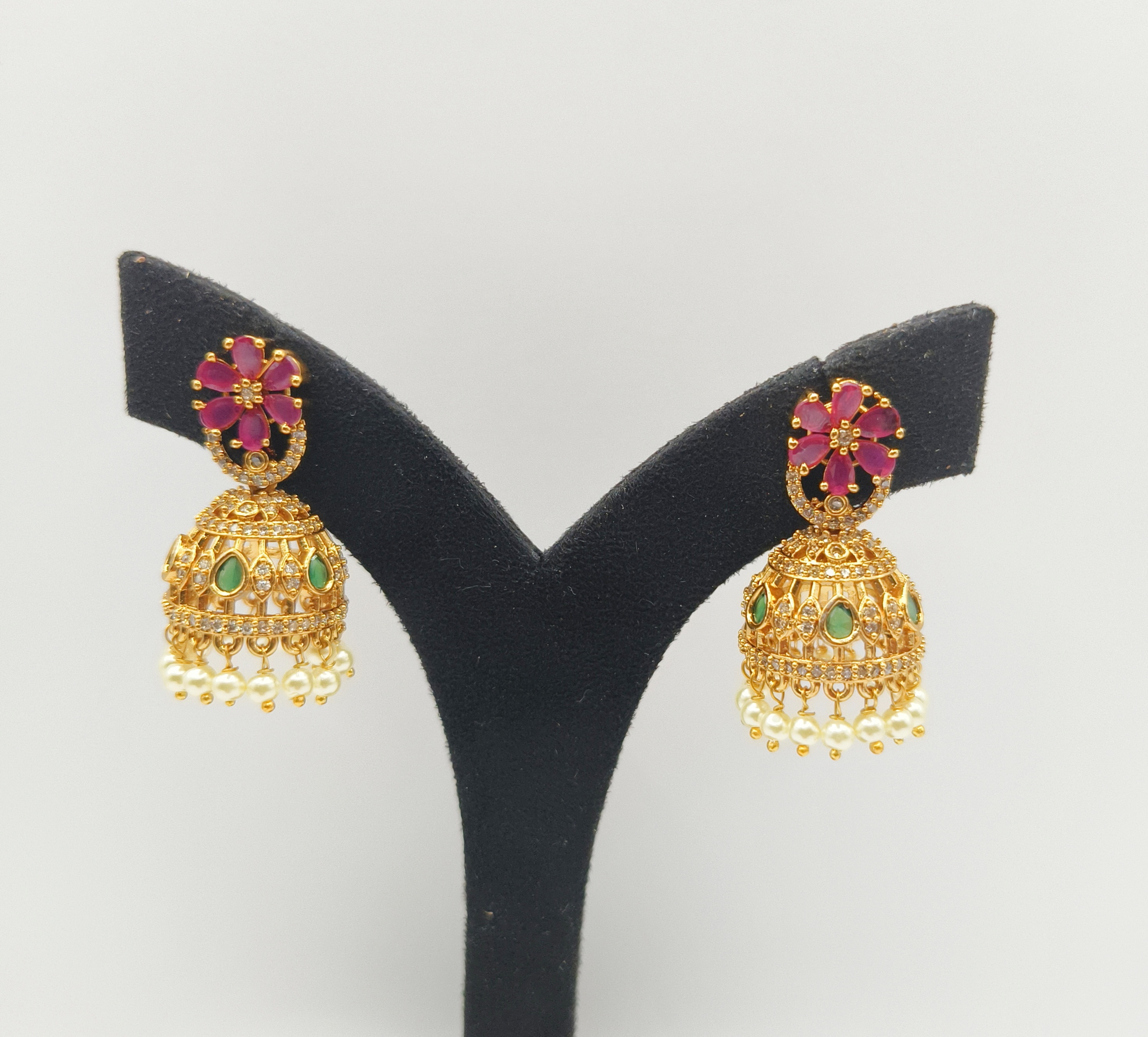 Floral Ruby Green Jhumka Earrings