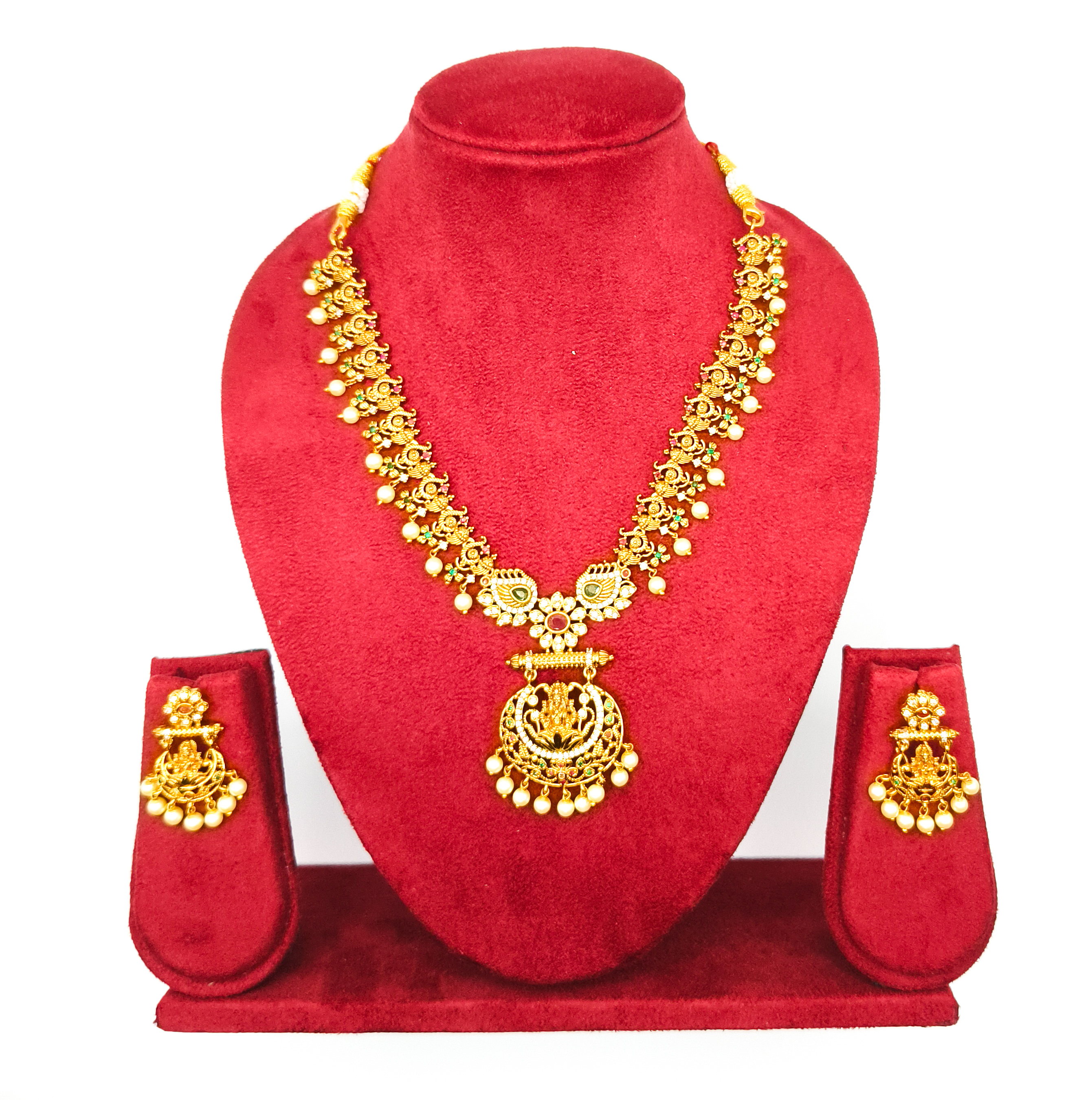 Antique Temple-Design Gold Necklace Set with Earrings