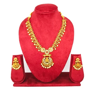 Antique Temple-Design Gold Necklace Set with Earrings
