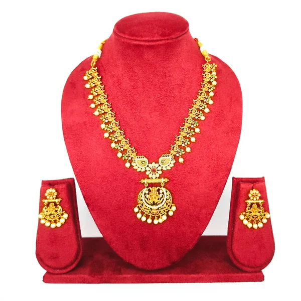 Antique Temple-Design Gold Necklace Set with Earrings